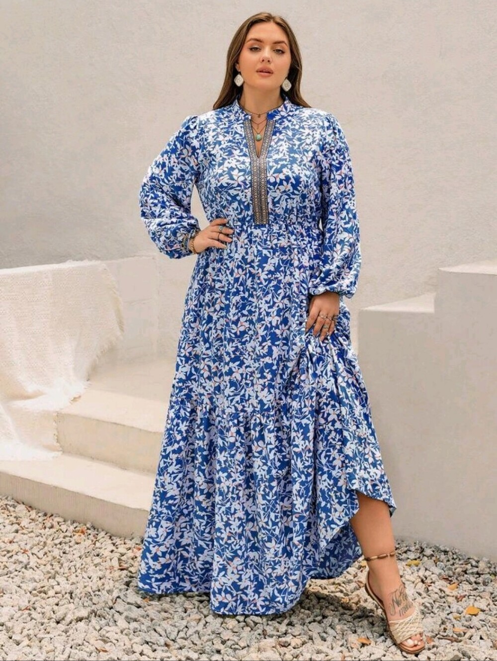 Plus Size Blue Floral Maxi Dress with Embroidered Placket